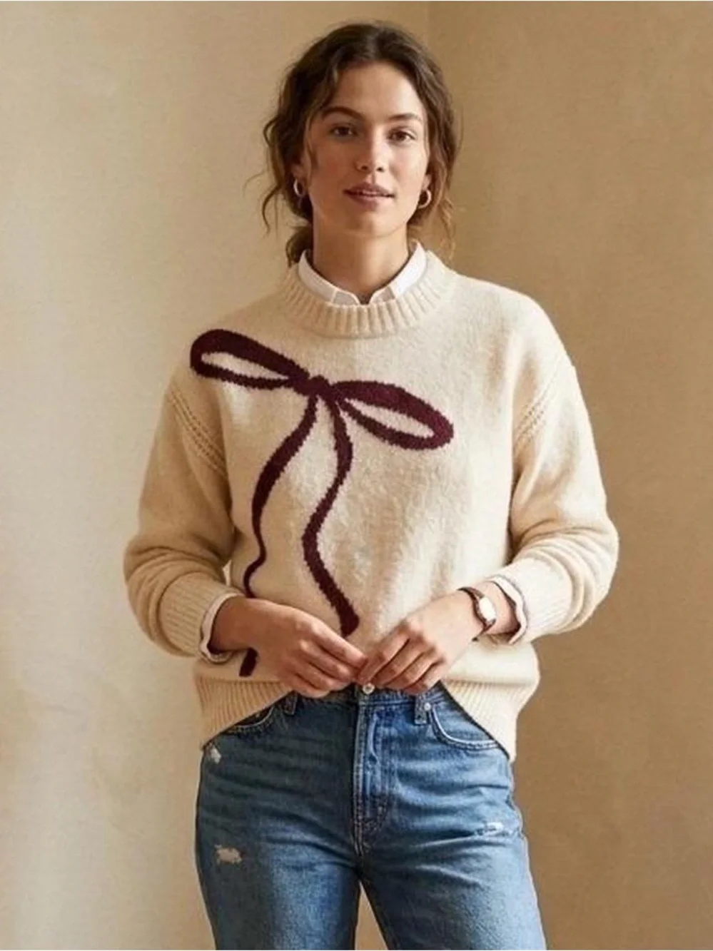 J. Crew Cream Crewneck Sweater with Burgundy Bow Detail